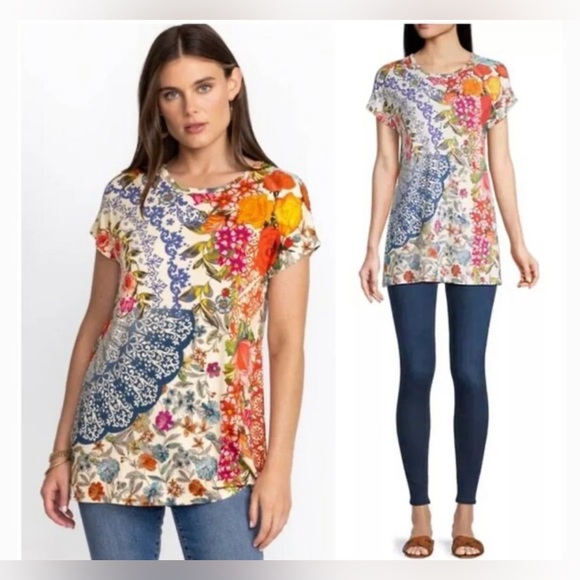 Johnny Was Tops - Johnny Was Tango Tunic Top Relaxed Fit Dolman Sleeve Tee Floral Boho Colorful S